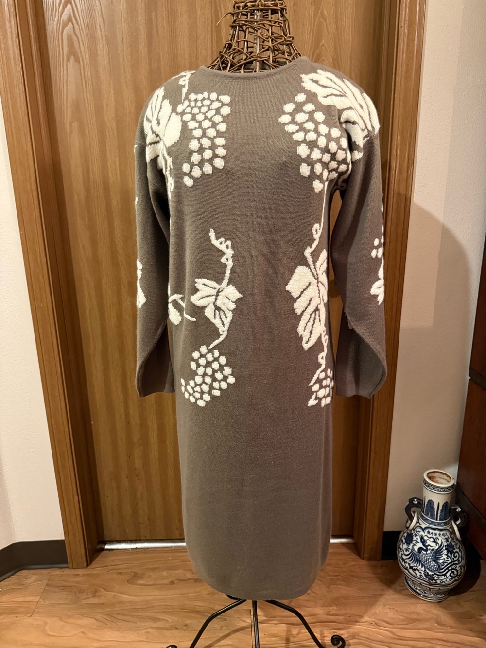 VTG 80s Marshall Field's Grape Vine Jacquard Knit Sweater Dress